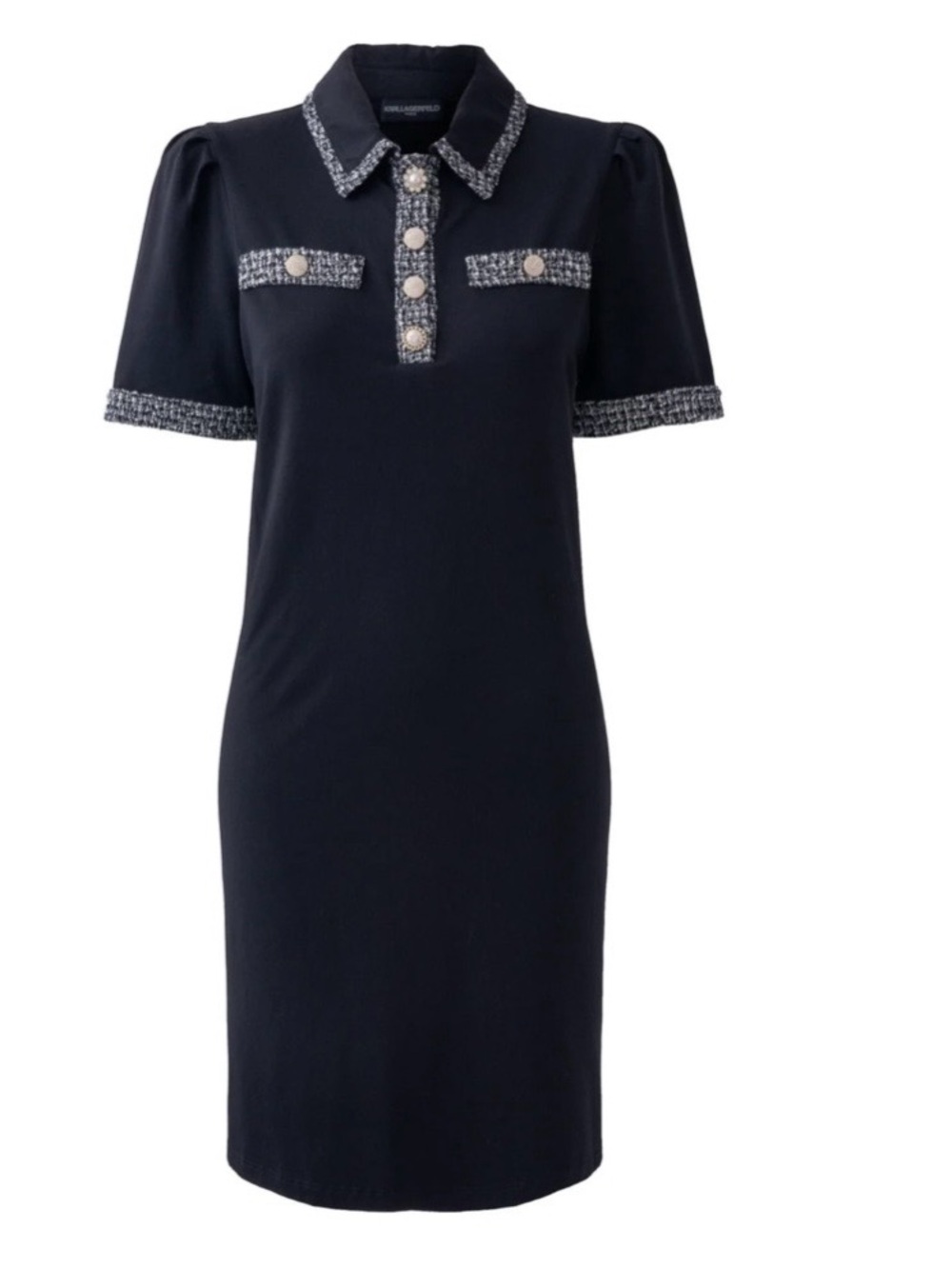 Karl Lagerfeld Navy Tweed-Trim Midi Polo Dress with Pearl Buttons